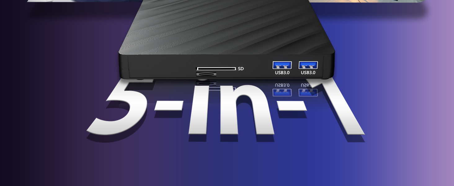 5 in 1 External Bluray Drive, USB 3.0 Type-C Slim Optical External Blu-ray DVD Burner with SD/TF