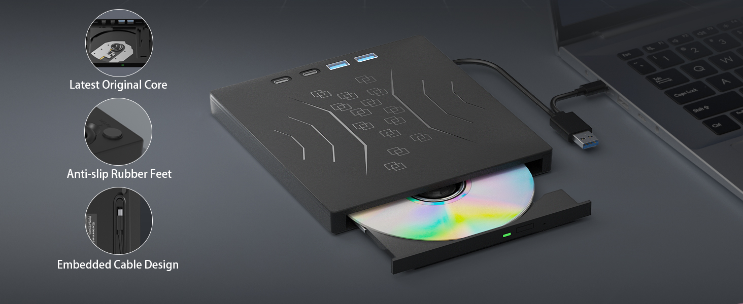 7 in 1 External DVD Drive, External CD/DVD Drive for Laptop USB 3.0 & Type-C