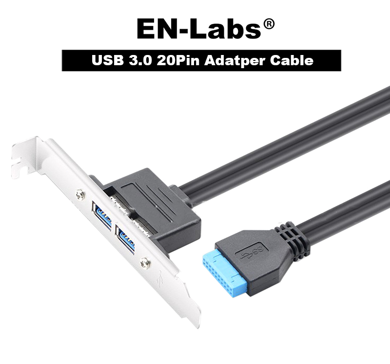 Enlabs USB 3.0 Motherboard 20-Pin Header to 2x USB 3.0 A Adapter Cable w/ Full Profile PCI Slot Bracket ,2 Ports USB 3.0 Back Panel Expansion Bracket 20Pin - Black,1.64ft