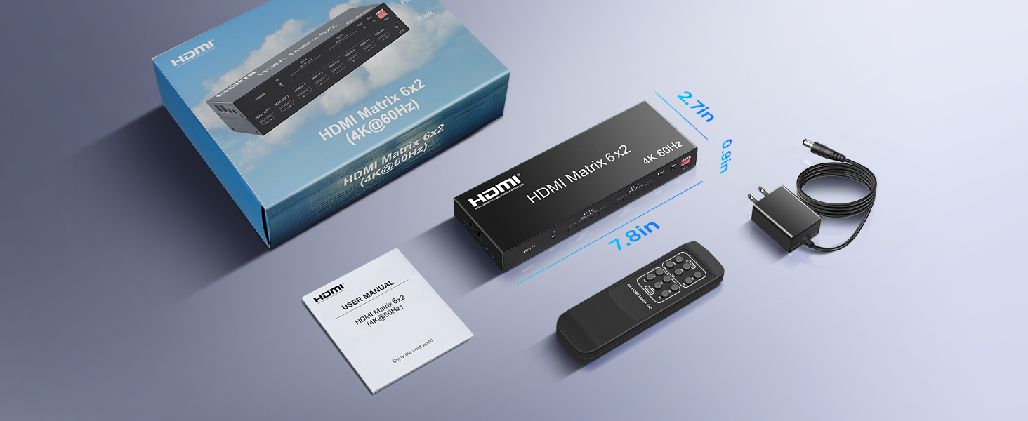 HDMI Matrix Switch 6 in 2 Out, 4K@60Hz HDMI Switch with IR Remote