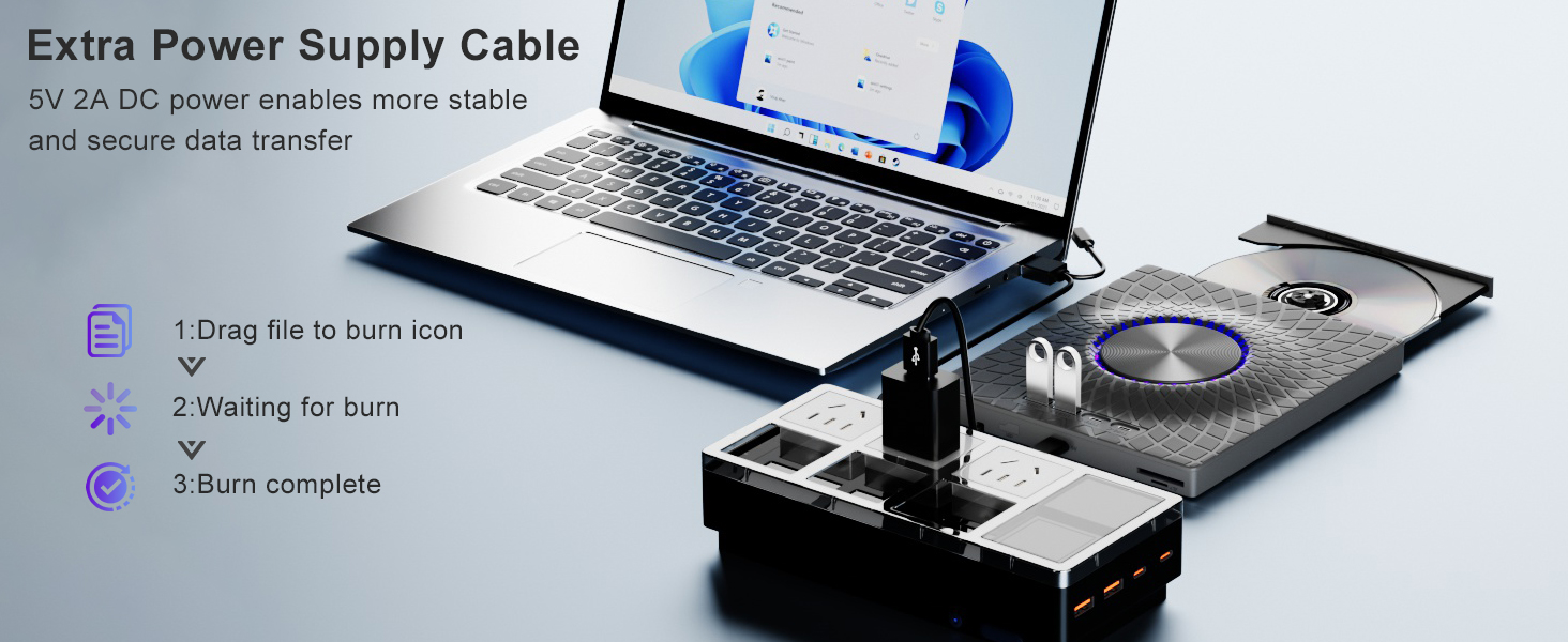 External Blu-ray Drive, 7-in-1 External DVD Drive with 2 USB A & 2 USB C Ports