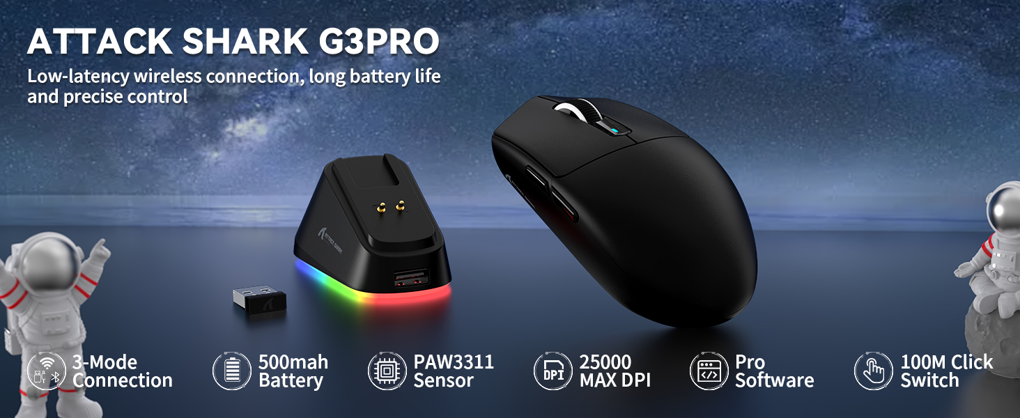 Wireless Gaming Mouse with Magnetic Charging Dock, PixArt PAW3311 Sensor, Tri-Mode Wireless Mouse, B