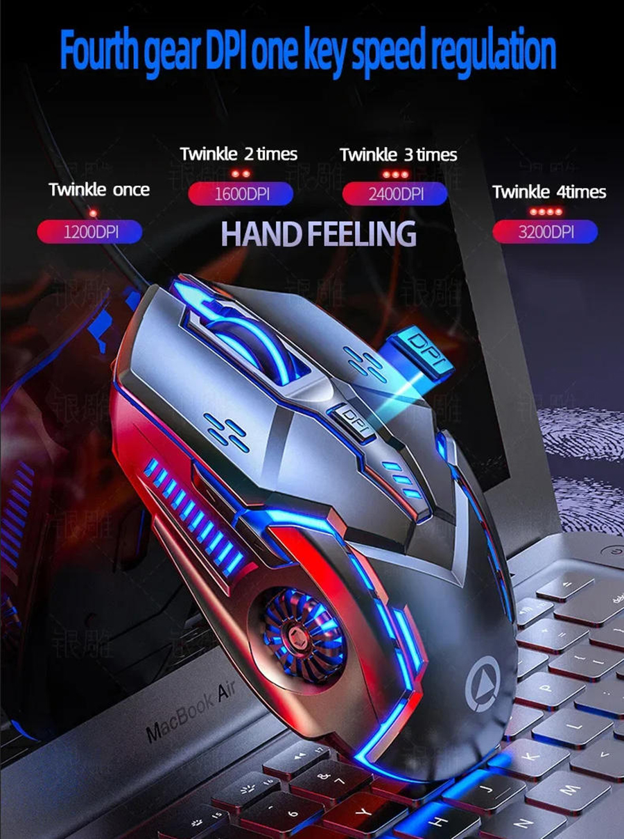 6 Keys Wired Gaming Mouse & Fire Button, Red Blue Colors Led Breathing, Adjustable DPI up to 3200 DP