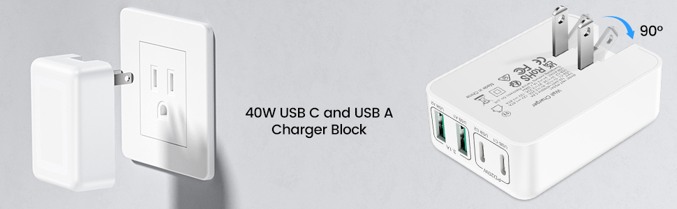 40W USB C Charger Block, Flat USB C Wall Charger Slim Dual Port [2 USB A & 2 Type C] Fast Charging B