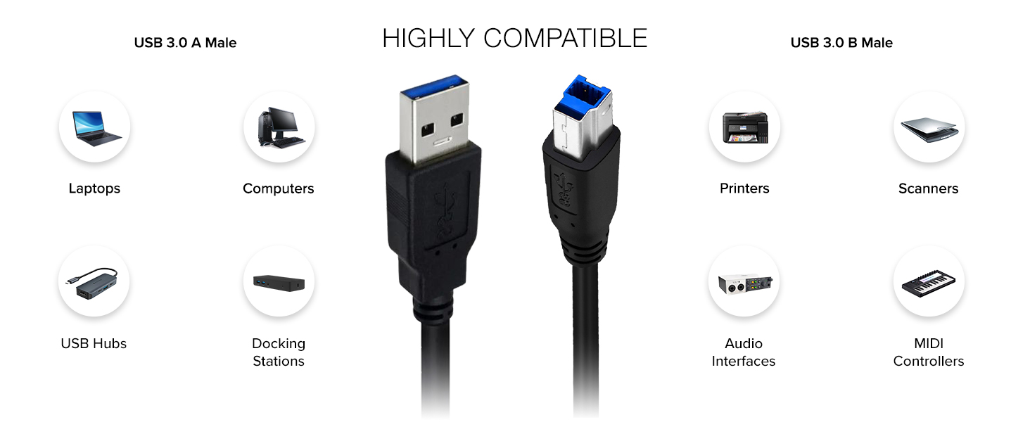 USB 3.0 A to B Cable Male to Male