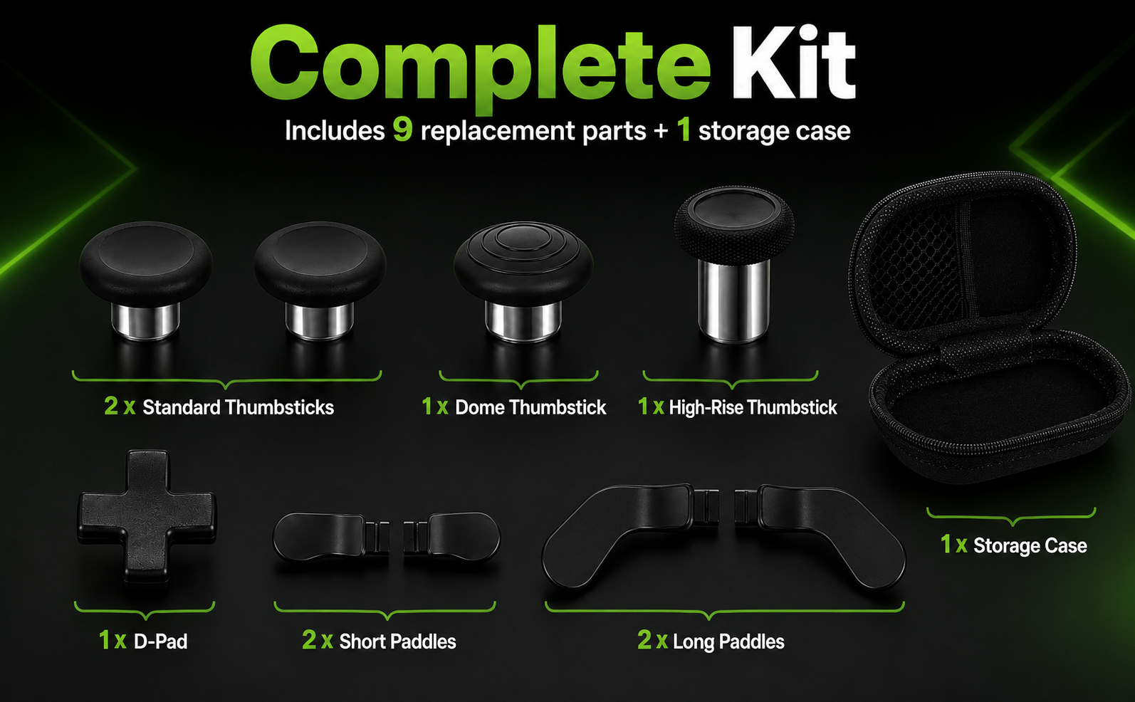 Complete replacement kit with four thumbsticks, one D-pad, four rear paddles and one storage case