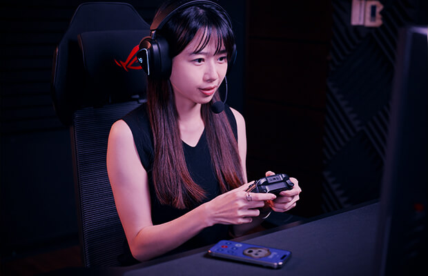 Illustration of the ROG Delta II showing a user answering a phone call by pressing a button on the earcup without removing the headset
