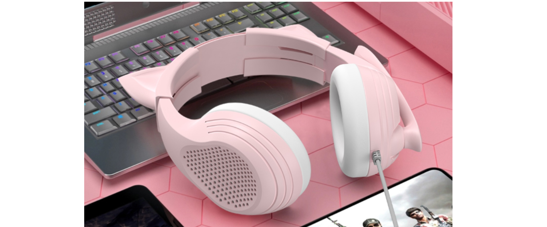Anivia pink cat ear over-ear headset, gaming setup, multi-scene use