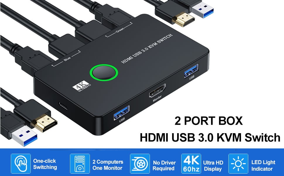 HDMI USB 3.0 Switch 2 Port Box, KVM Switch for 2 Computers Share One Monitor Keyboard Mouse and Prin