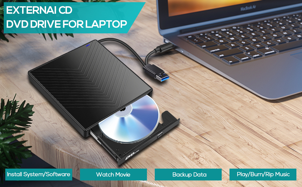 7 in 1 External CD DVD Drive for Laptop, USB 3.0 and Type-C Portable CD DVD +/-RW ROM Drive Reader B