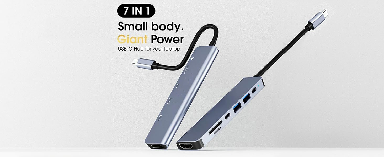 USB C Hub, 7 in 1 USB C Multiport Adapter with 4K HDMI, Type C 87W PD, USB 3.0 5Gbps Data Ports, SD