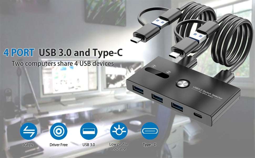 AUTYUE USB C Switch,USB Switcher 2 Computers Sharing USB C & USB A Devices, 4 Port USB Switcher Shar