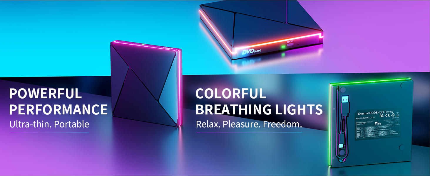 RGB DVD Player for Laptop, External CD DVD Drive for Mac