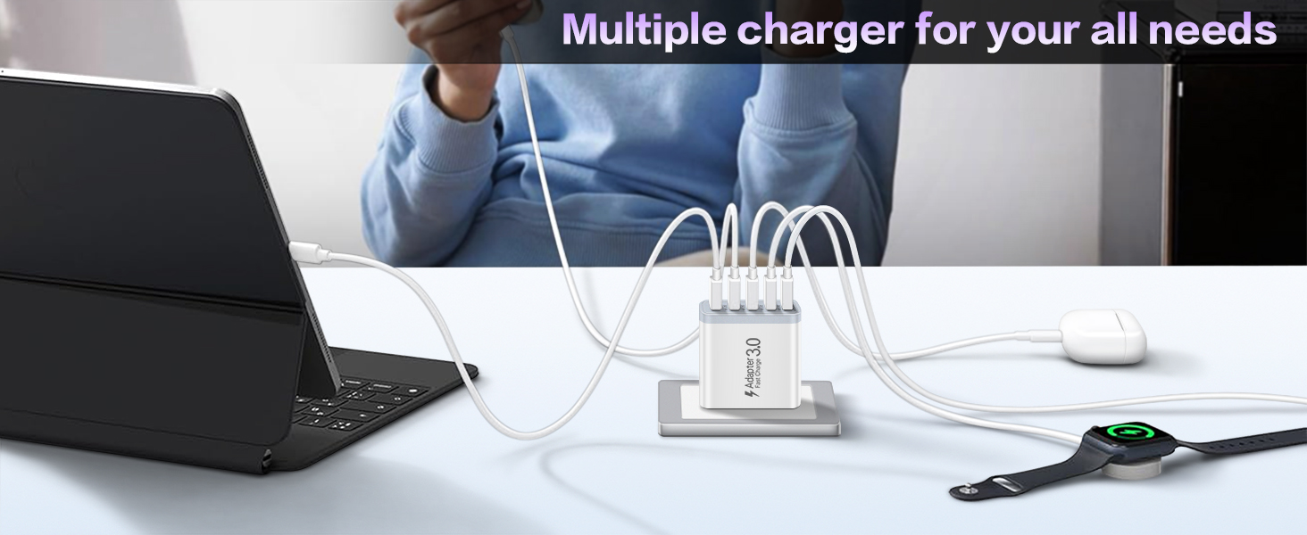 USB Charger Block 50W, [2 PACK] 5 Port USB Fast Charging Blocks Multiport Wall Charger