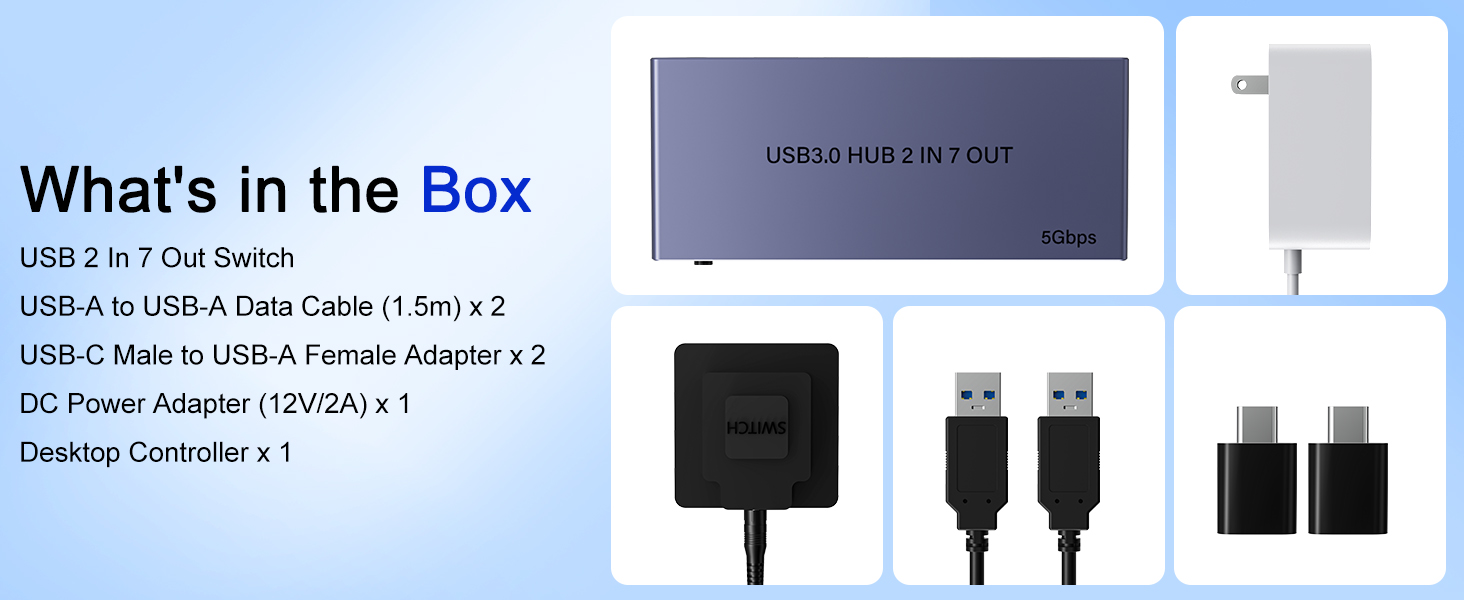 2-in 7-Out USB 3.0 Switch, USB Switcher for 2 Computers Share 7 USB Devices