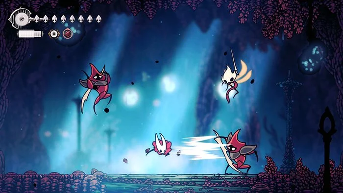 Hollow Knight Silksong combat screenshot showing Hornet performing acrobatic attack with needle against enemies