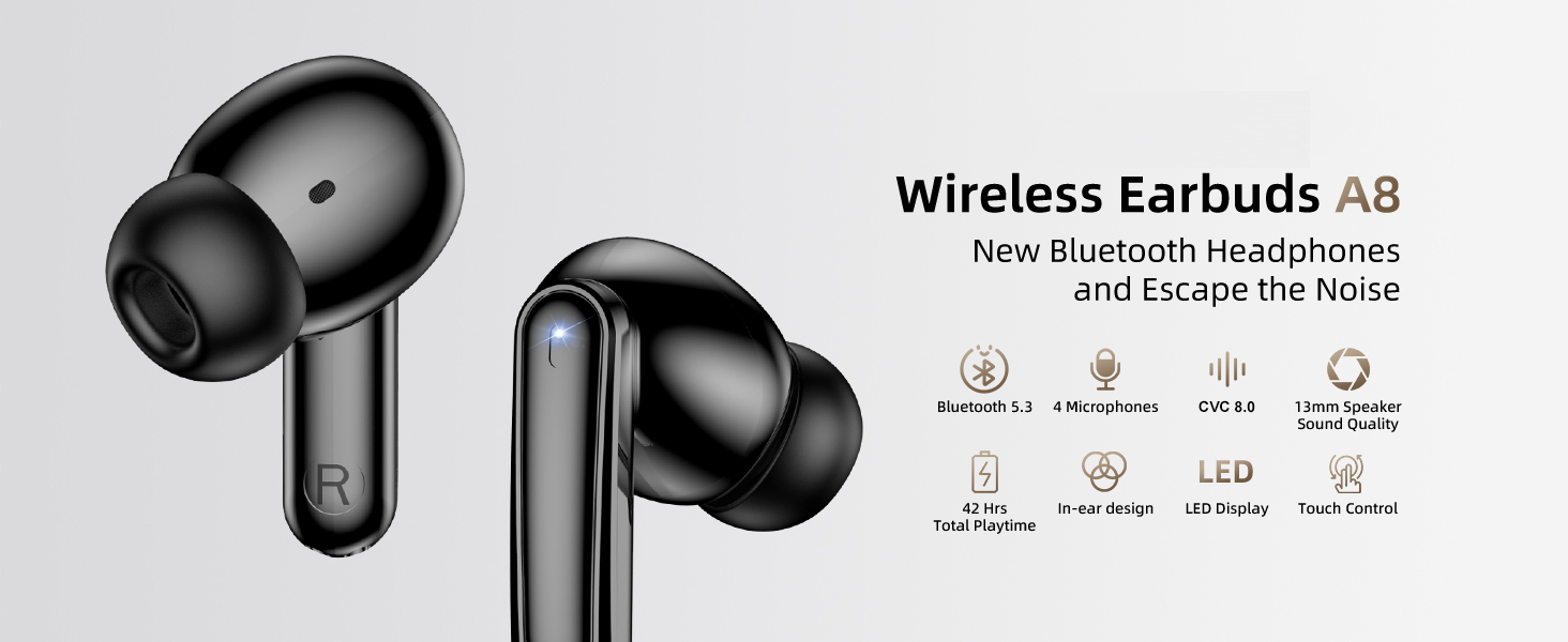 True Wireless Earbuds, Bluetooth 5.3 Headphones with Dual LED Power Display Charging Case IPX7 Water