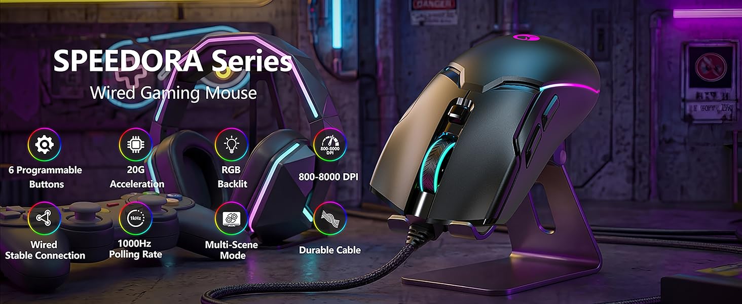 Wired Gaming Mouse, Ergonomic Gaming Mouse, 8000 DPI Optical Gaming Mice with 12 RGB Backlit Modes,