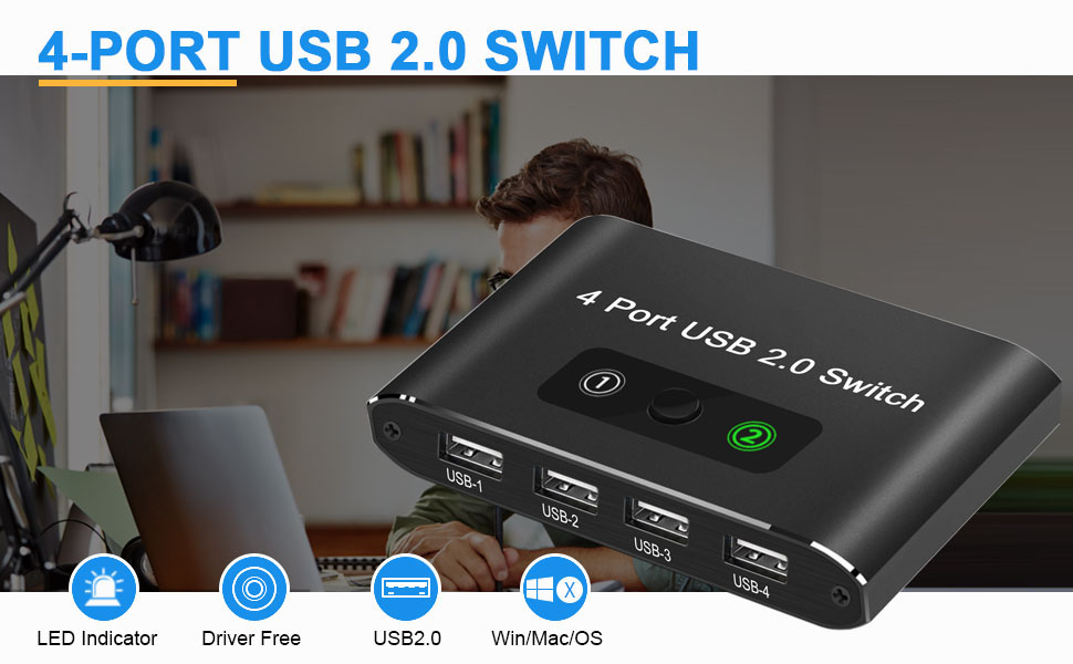 USB 2.0 Switch Selector  It can share a minimum of 1 and a maximum of 4 USB devices between two comp