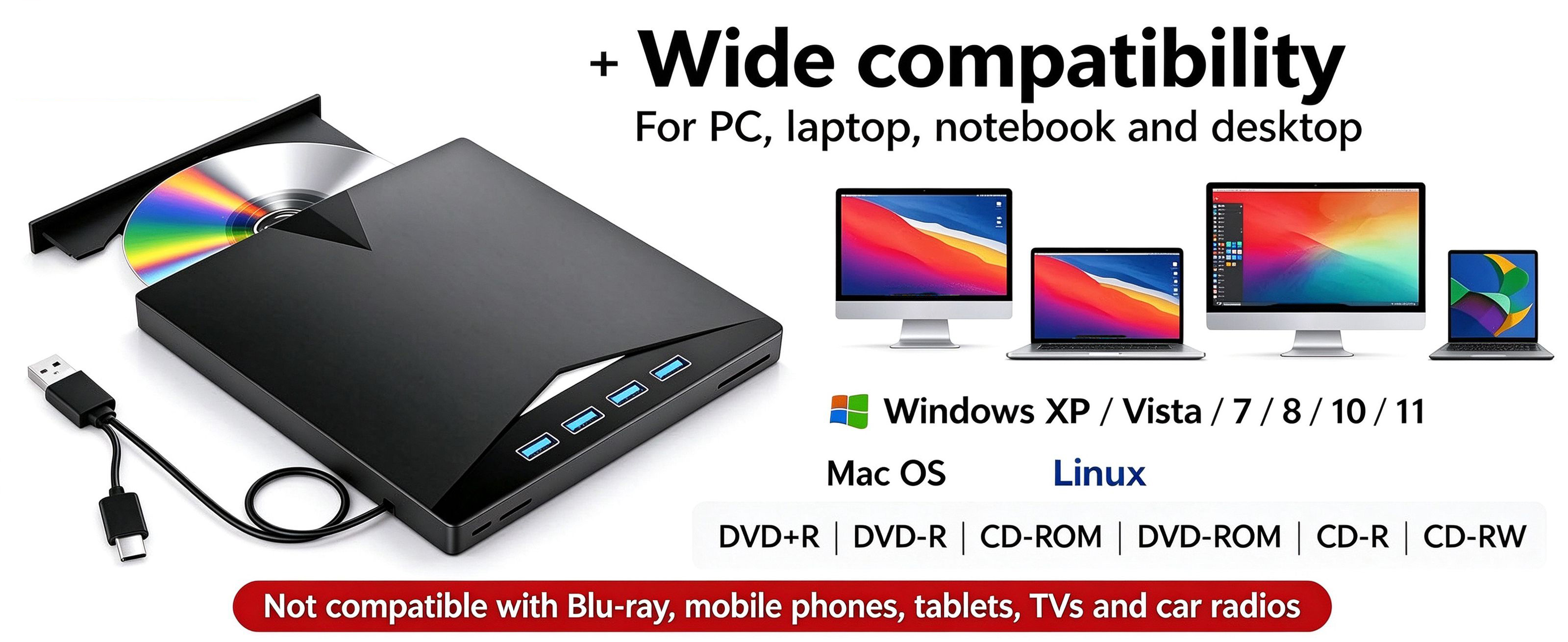 Compatible with Mac OS, Windows 11/10/8.1/7/XP, and Linux OS, so you can use it on Apple MacBook Pro