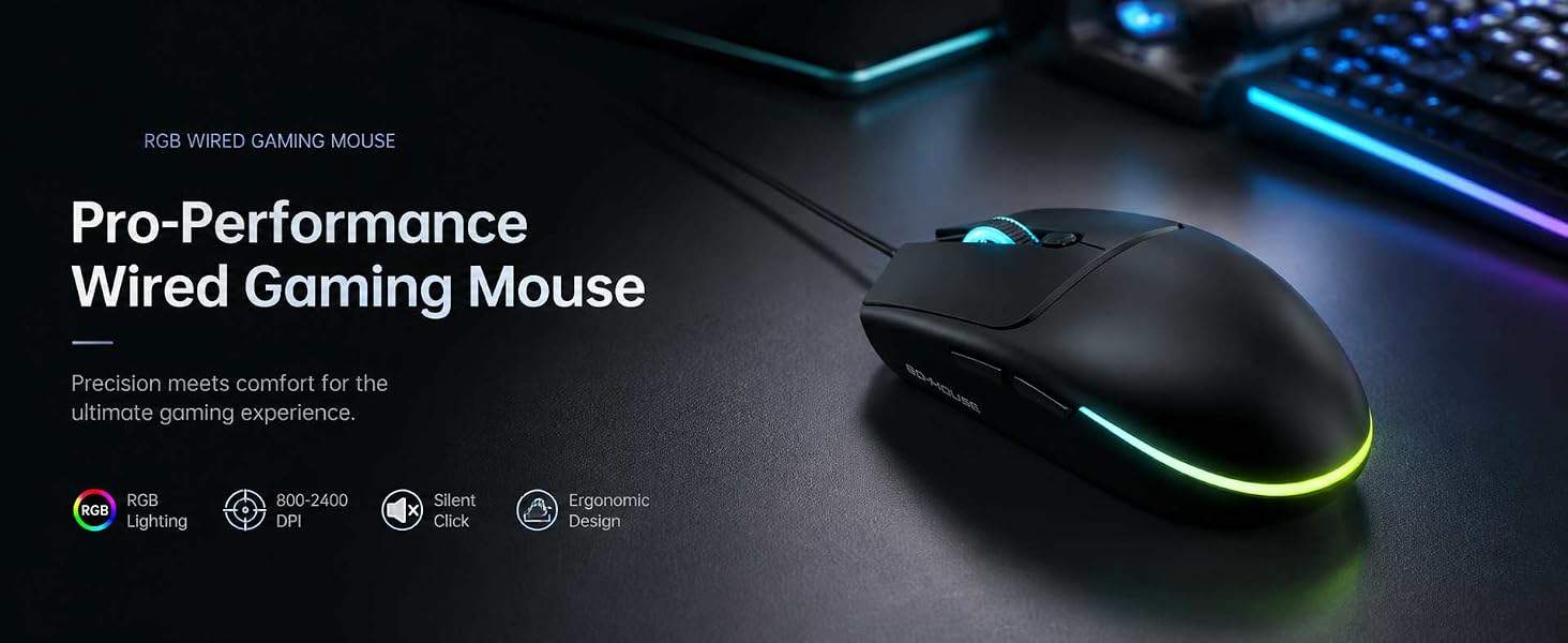 Wired Gaming Mouse RGB, 50g Lightweight Silent USB Mouse -Black | 4 DPI Levels Up To 2400, Silent Cl