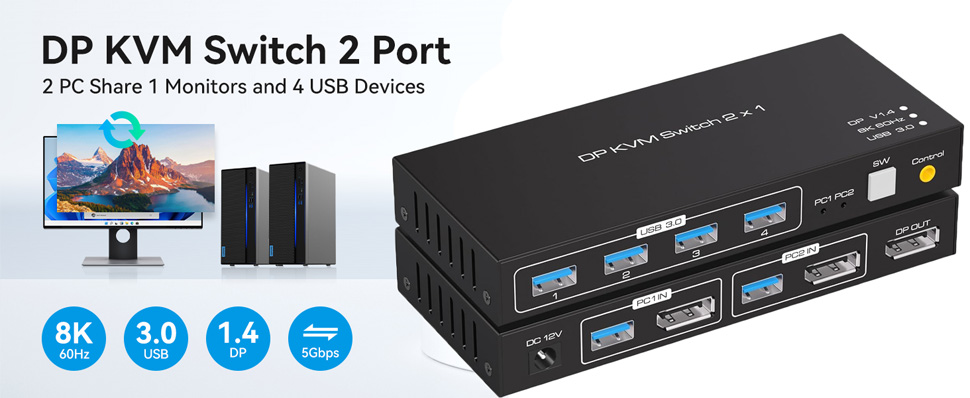 Displayport KVM Switch 1 Monitor 2 Computers