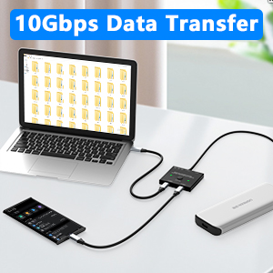 The USB Type C switch supports transfer speeds of up to 10Gbps (USB3.1 Gen2), allowing you to transf