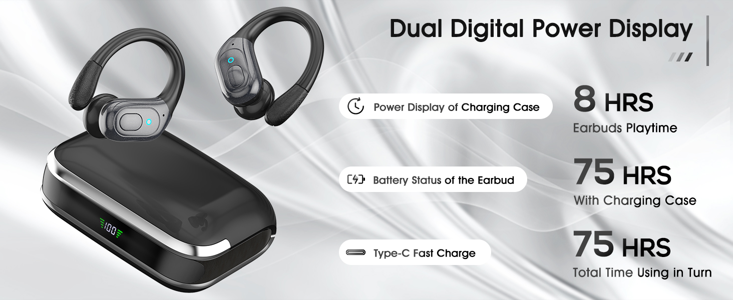 Wireless Earbuds, Sports Bluetooth Headphones, Running Headphones 75Hrs Playtime Ear Buds with LED P