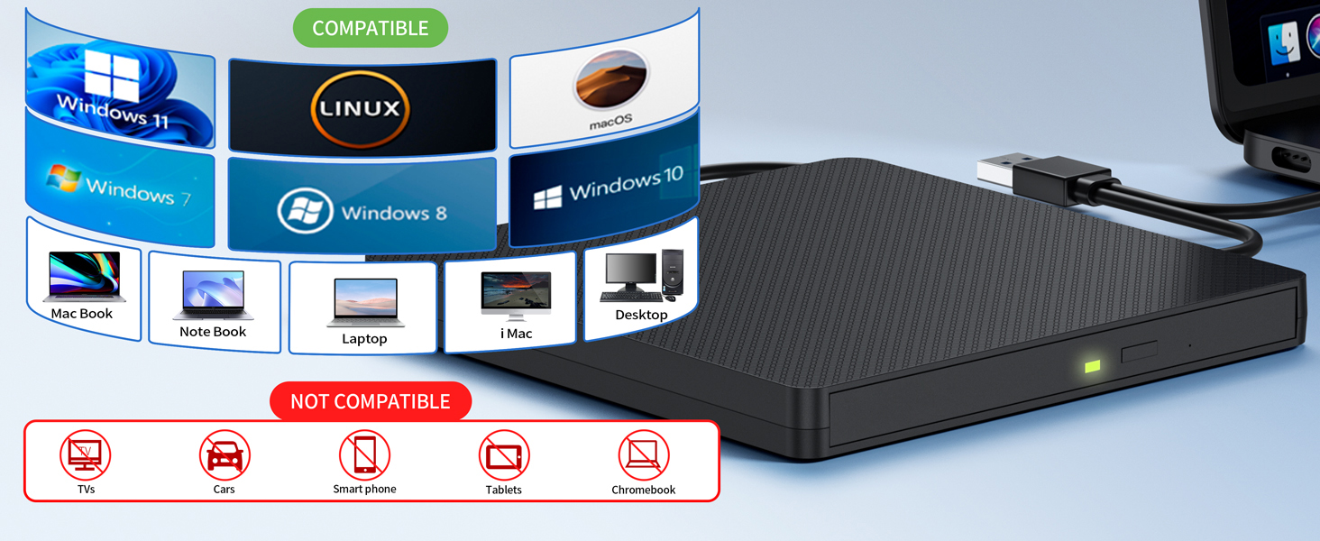 External Blu-ray Drive, USB 3.0 & Type-C External CD DVD Drive, BD/DVD/CD Burner