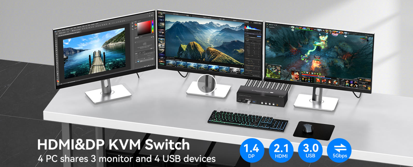 8K@60Hz KVM Switch 3 Monitors 4 Computers, 4K@144Hz 2 Displayport + HDMI Triple Monitor KVM Switch f
