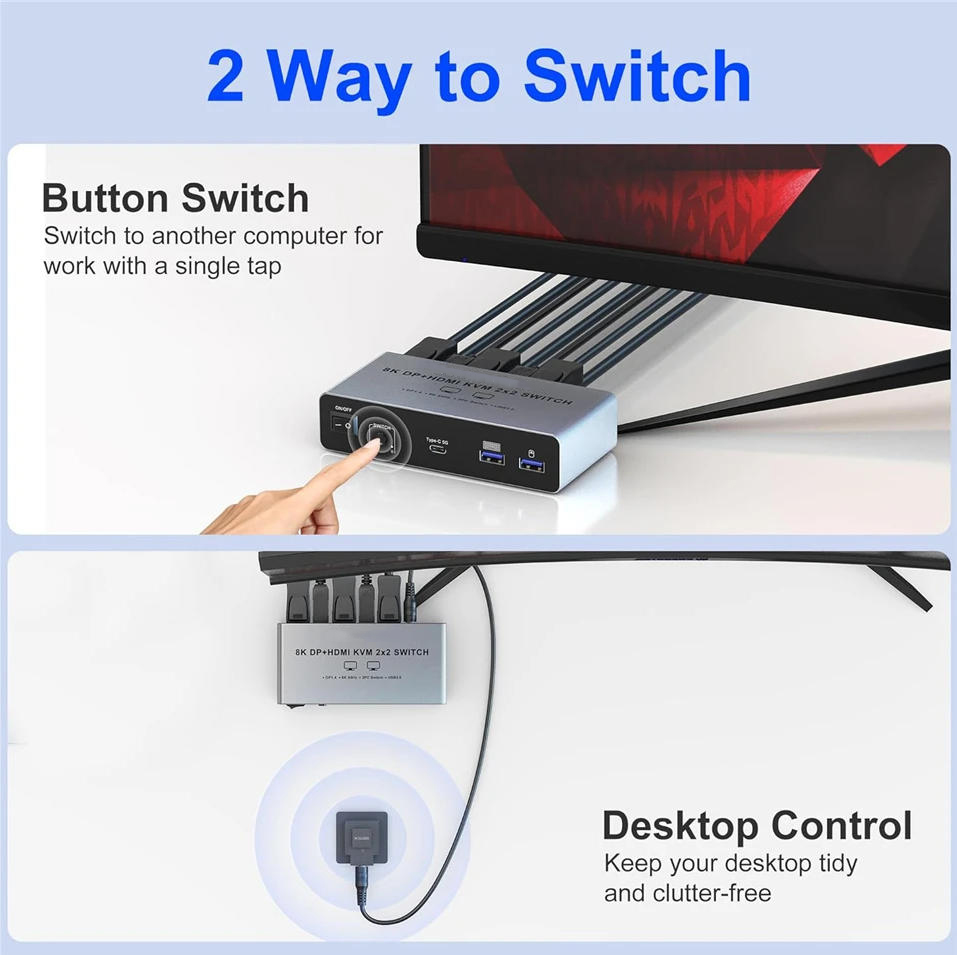8K@60Hz 4K@120Hz Dual Monitor HDMI + Displayport KVM Switch 2 Monitors 2 Computers, USB 3.0 HDMI DP