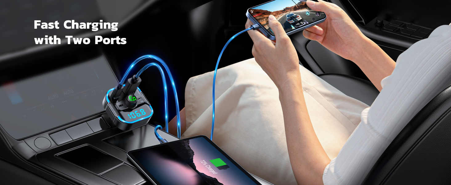 Upgrade Bluetooth 5.3 Car Adapter [PD 36W+QC3.0 18W], 2-in-1 FM Transmitter [Dual Stronger Mics] & F