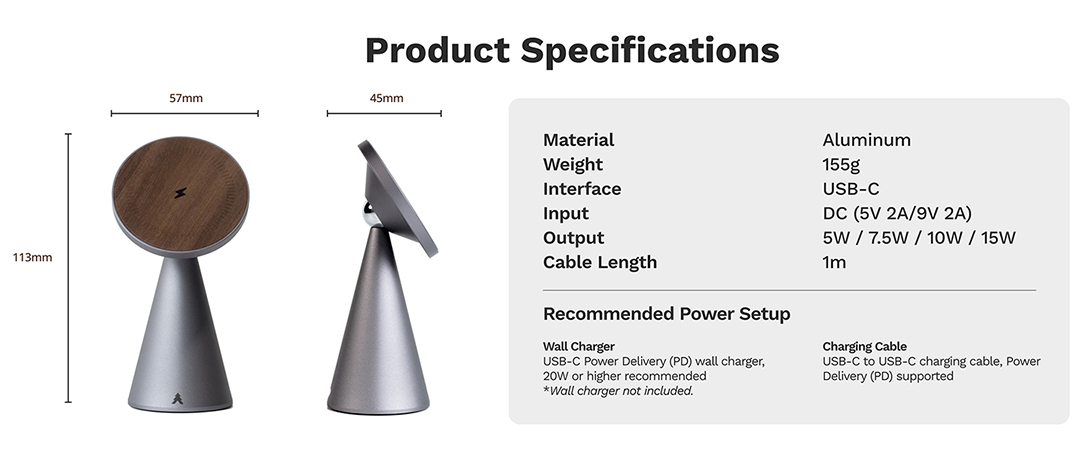 Product specifications for Loha Custom black walnut wood and aluminum wireless charger