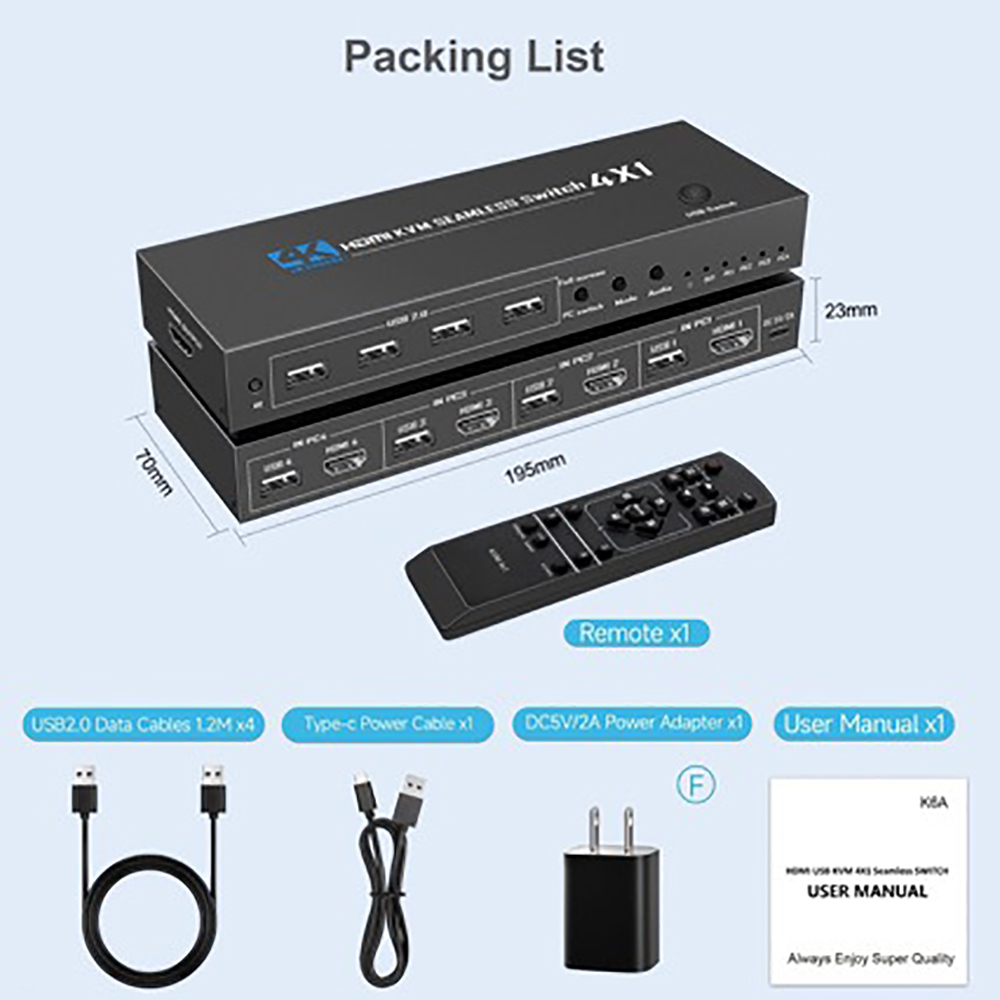 4K@30Hz HDMI USB KVM Multiviewer Switch 4 in 1 Out, Supports 4-Channel Split Screen and synchronous