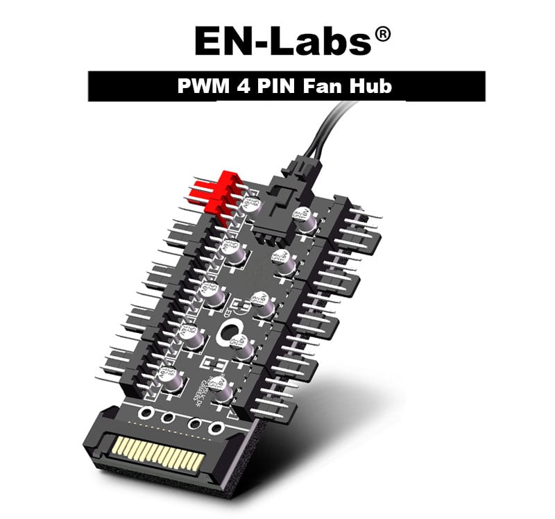 EnLabs PWMHUB10S 10 Ports 4-Pin PWM Fan Hub, SATA 15pin to 10 Fan Power  Splitter Adapter Cable w/ Self-sticker for 3Pin / 4Pin fan 