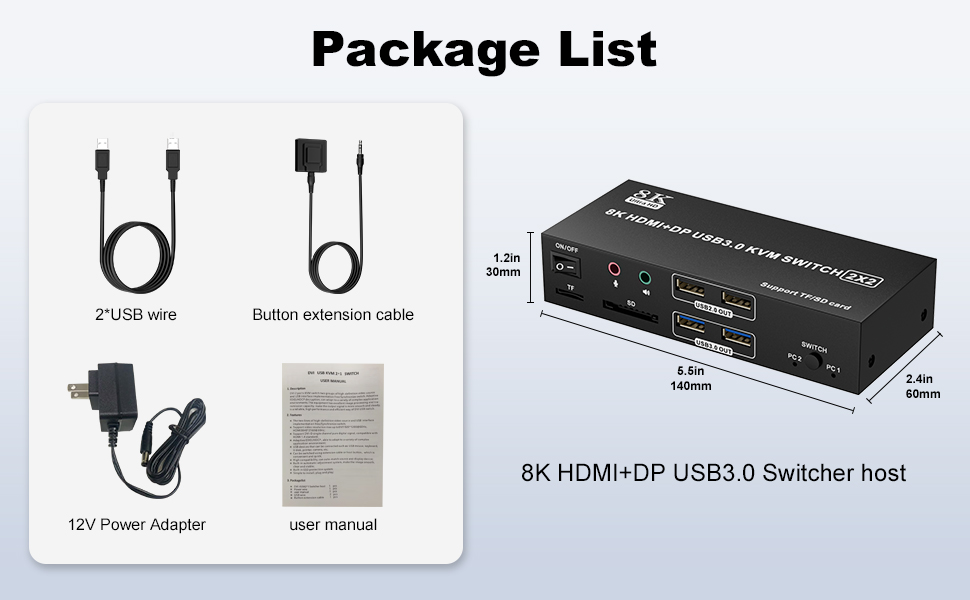 HDMI Displayport KVM Switch 2 Monitors 2 Computers 8K@60Hz,Dual Monitor Switch for 2 Computers