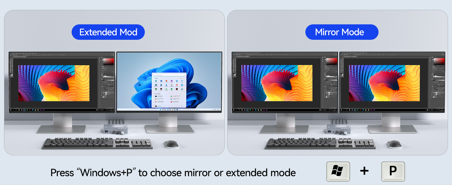 2 Monitors KVM Switch enables seamless switching between 2 Desktop PC, sharing 2 external monitors a