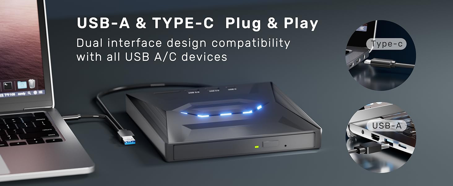 External CD DVD Drive, USB 3.0 Type-C Portable CD/DVD +/-RW Drive/DVD Player with SD Card Reader USB