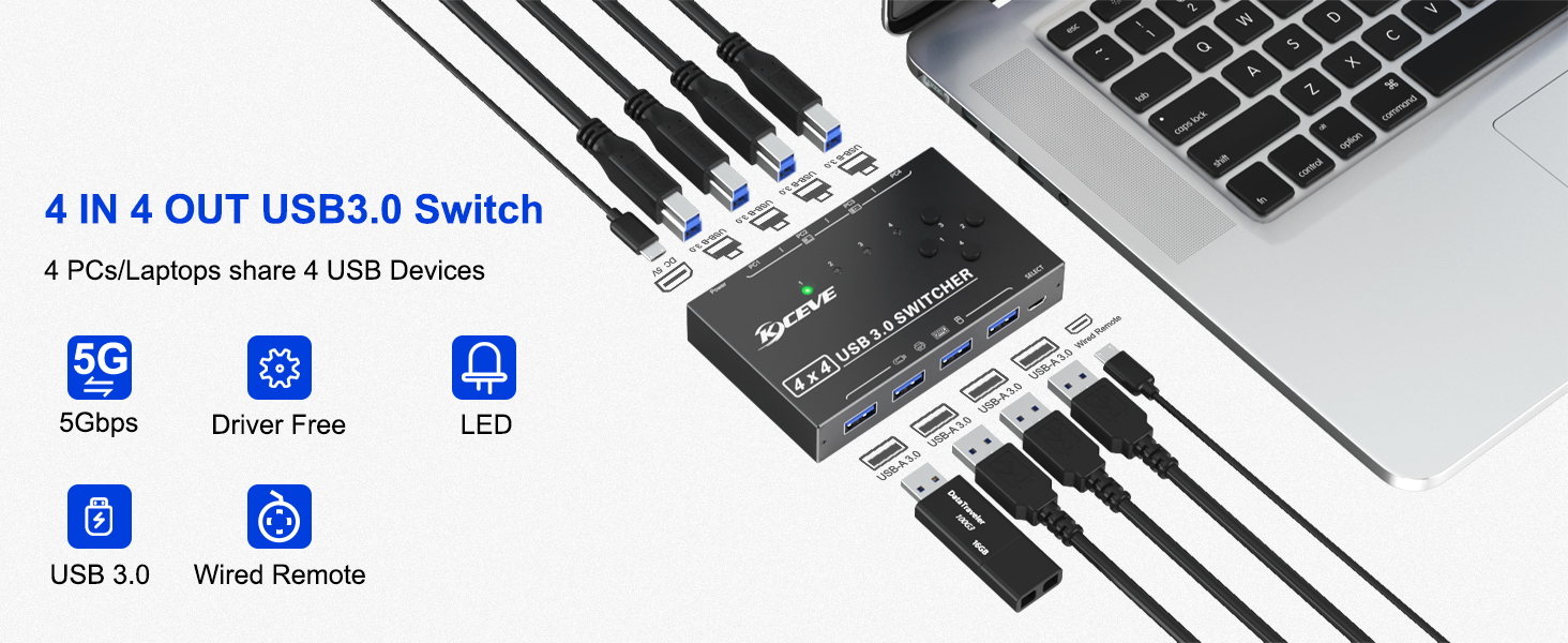 USB 3.0 Switch Selector 4 Computers Share 4 USB 3.0 Ports, 4 in 4 Out USB 3.0 Switch