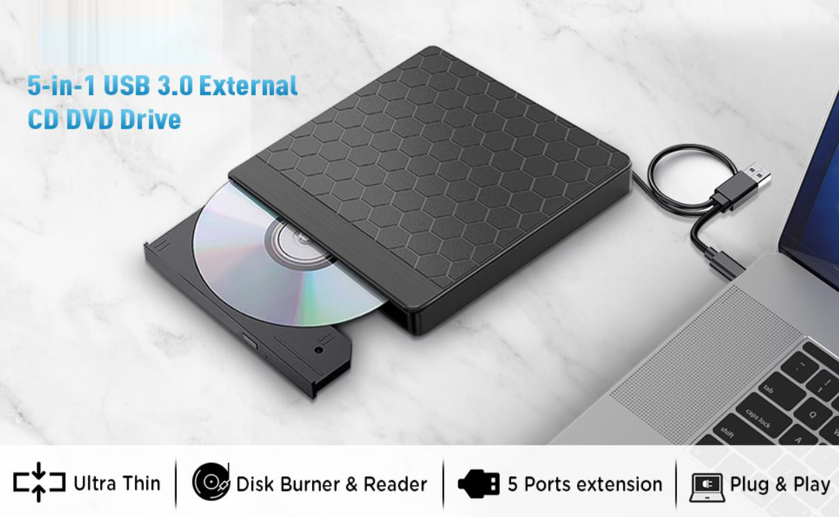 5 IN 1 External CD Reader, External DVD Reader with SD TF Cards and 2 USB Ports, External DVD Burner