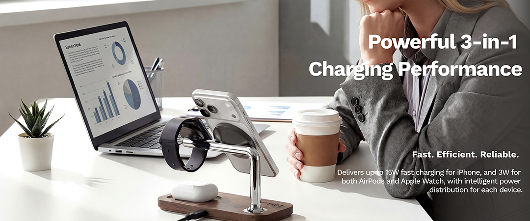 Powerful 3-in-1 wireless charging performance for Apple devices