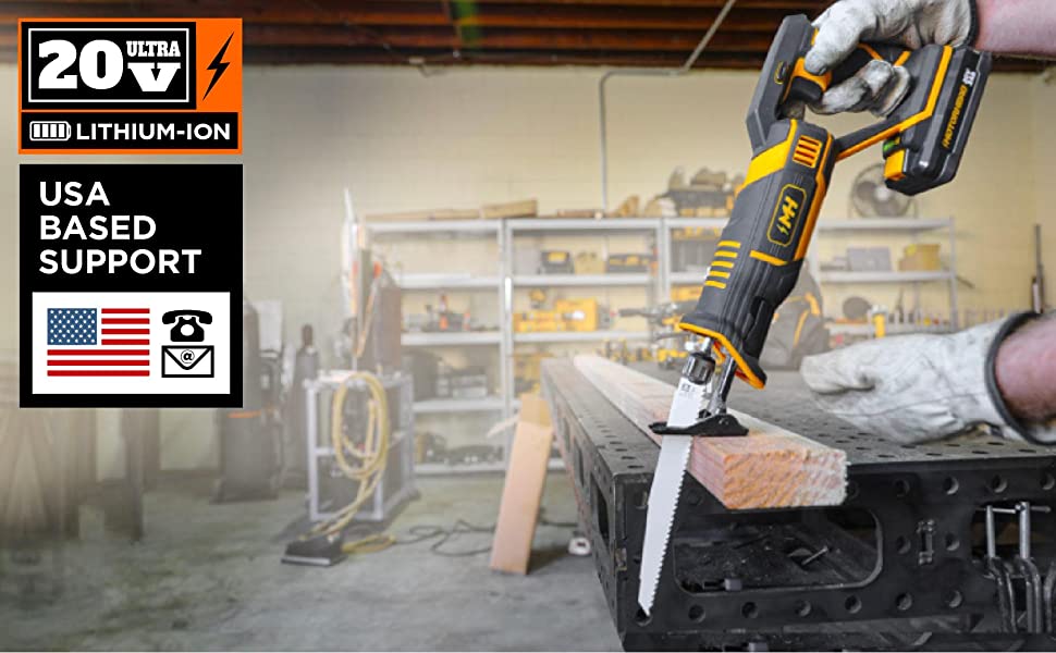 MOTORHEAD 20V ULTRA Cordless Reciprocating Saw, Lithium-Ion, Tool-Free  Blade Change  Guard, Stroke, 0-3000 SPM, Variable Speed Trigger, 2Ah  Battery, Quick Charger, Bag, Blades, USA-Based