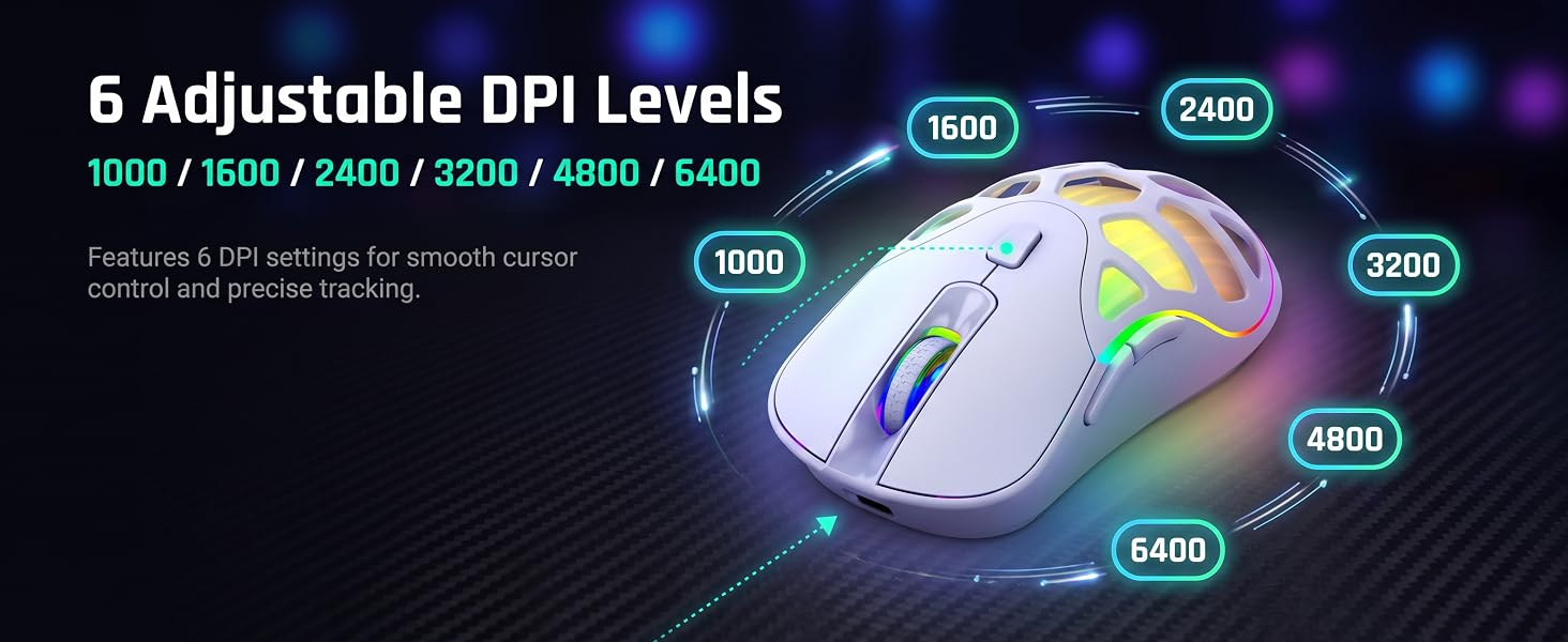 Wireless Gaming Mouse, Bluetooth/2.4G, 6400 DPI, RGB -White | Dual-Mode Bluetooth/2.4G Wireless Mous