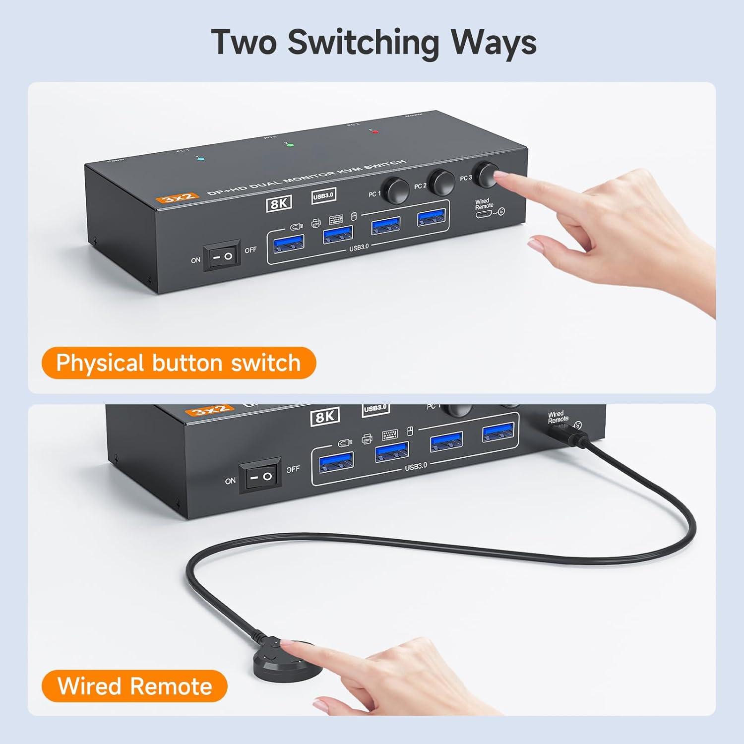 HDMI + Displayport KVM Switch 2 Monitors 3 Computers 8K@60Hz 4K@144Hz, with 4 USB 3.0 Ports
