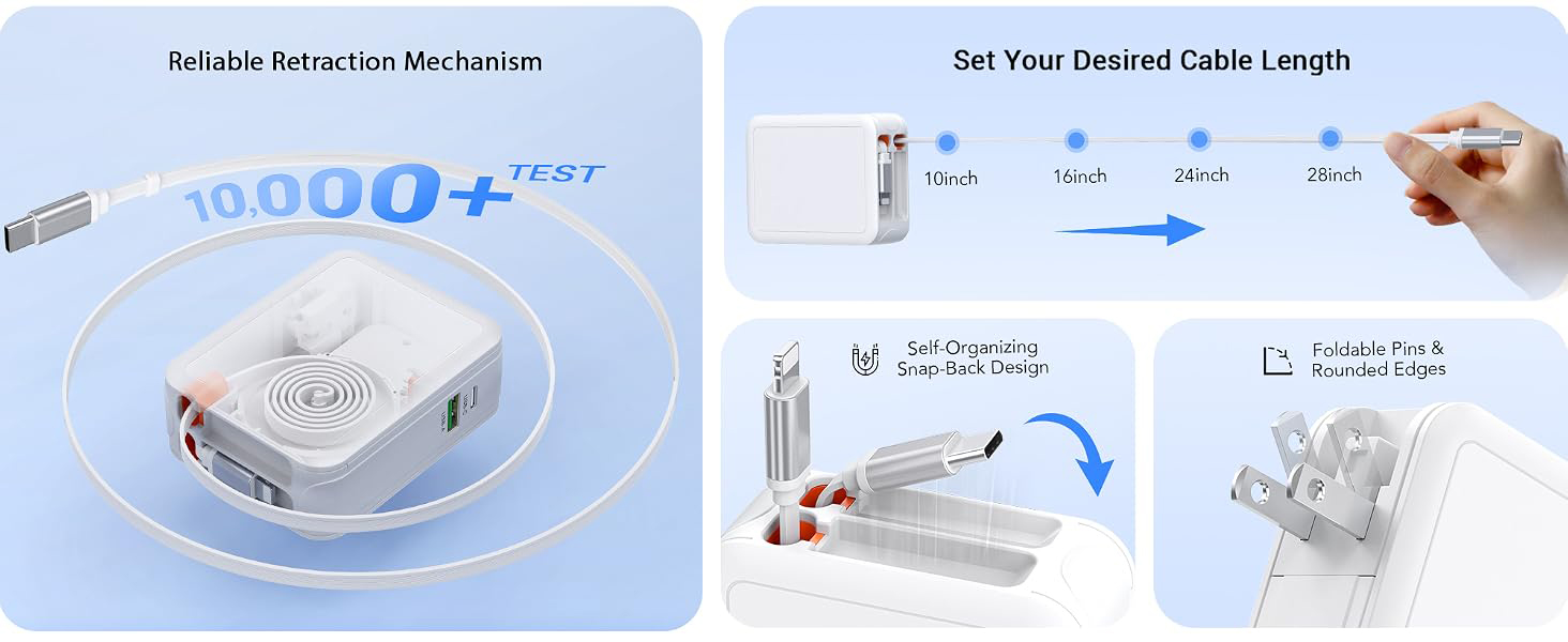 4-in-1 Retractable USB C Wall Charger, Fast Charging USB C & Light-ning Cable USB C & USB A Ports, 4