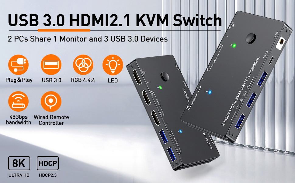 8K HDMI2.1 KVM Switch 2 Port - 2 computers Share 1 Monitor and 3 USB3.0 devices This 2 port 8K HDMI