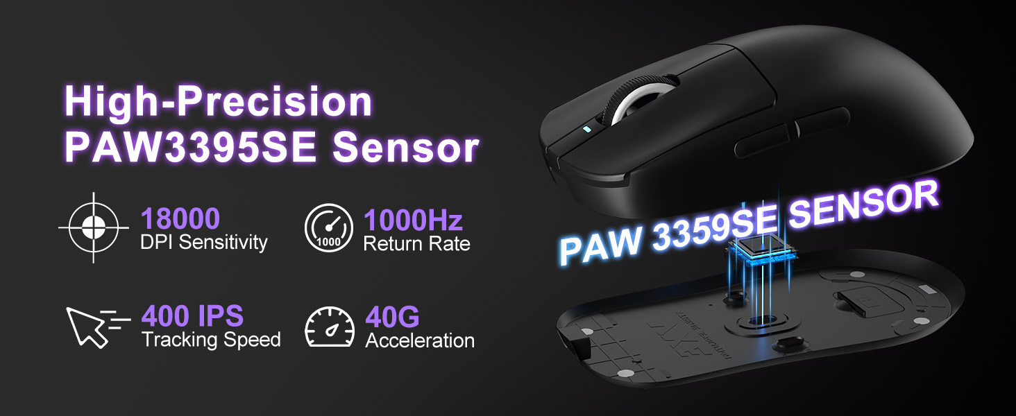 Wireless Gaming Mouse, 18000 DPI, High-Precision PAW3395 SE Sensor,55g Lightweight, Tri-Mode 2.4G/BT