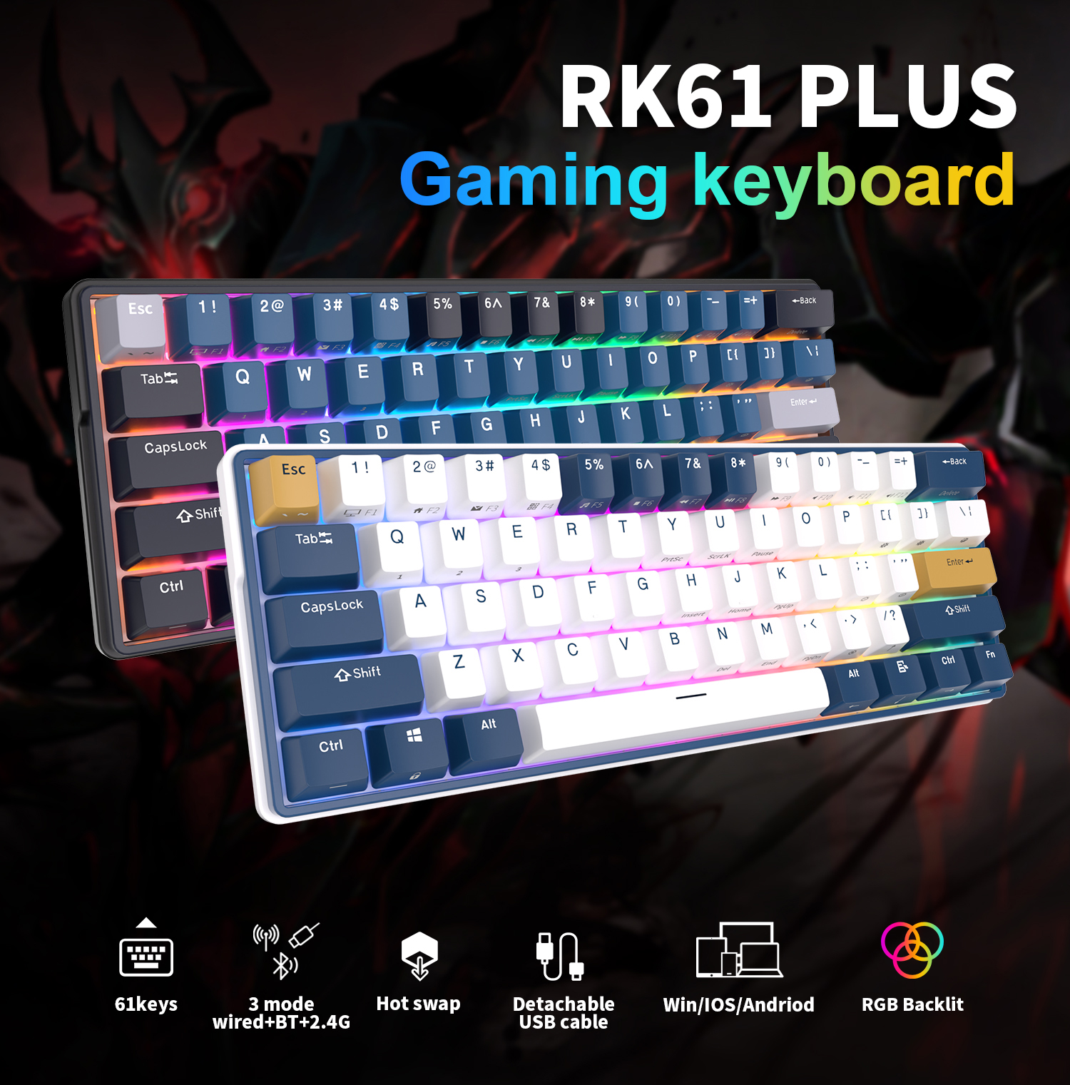 RK ROYAL KLUDGE RK61 Plus Wireless Mechanical Keyboard,  Bluetooth/2.4G/Wired RGB Gaming Keyboard, 60% Hot Swappable Computer PC  Keyboards with USB