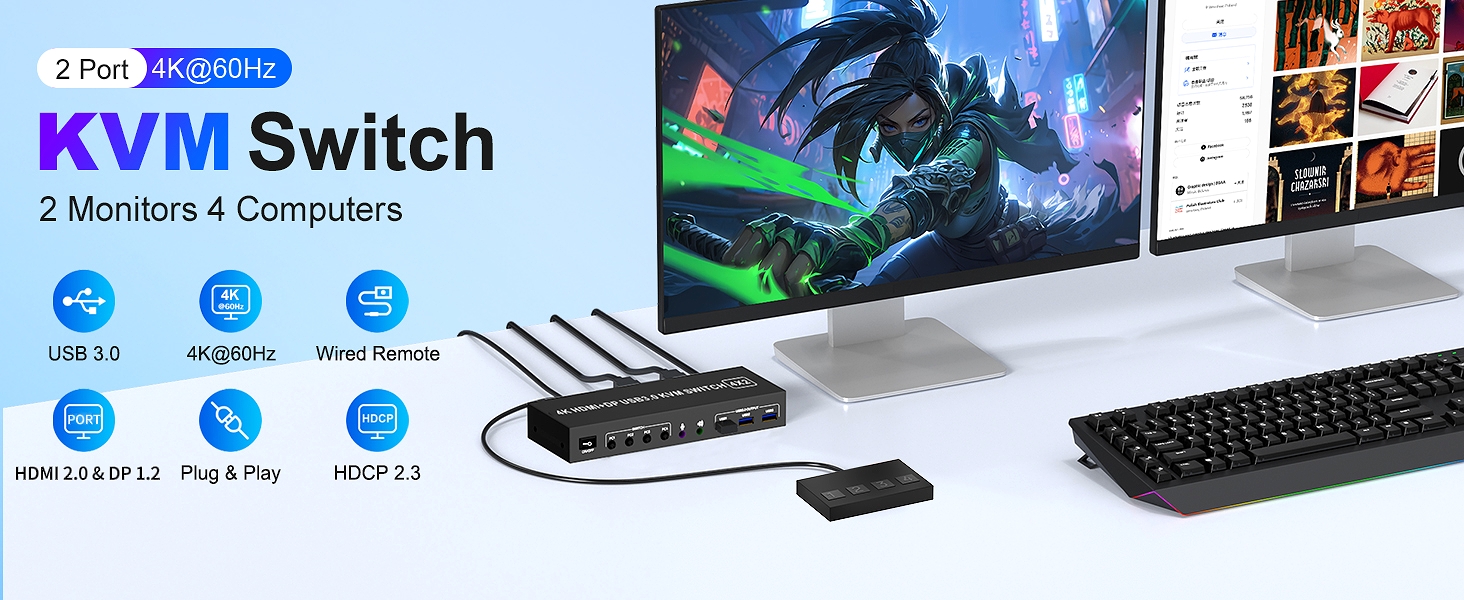4x2 HDMI DisplayPort KVM Switch 2 Monitors 4 Computers 4K@60Hz, Dual Monitor KVM Switcher for 4 PC S