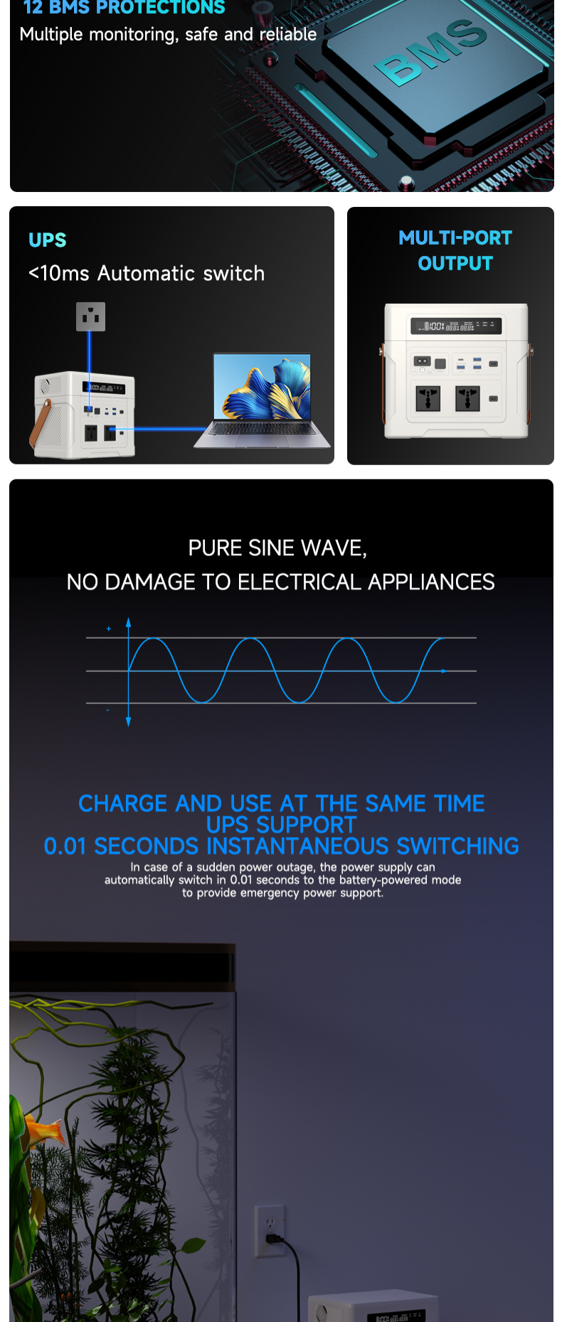 UAPOW Portable Power Station ZP1000, 902Wh LiFePO4 (LFP) battery, solar generator, 600W AC output, s